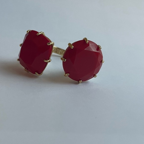 RED DIAMANTINE HEART AND SQUARE STONE YOU AND ME ADJUSTABLE RING - Picture 3 of 4